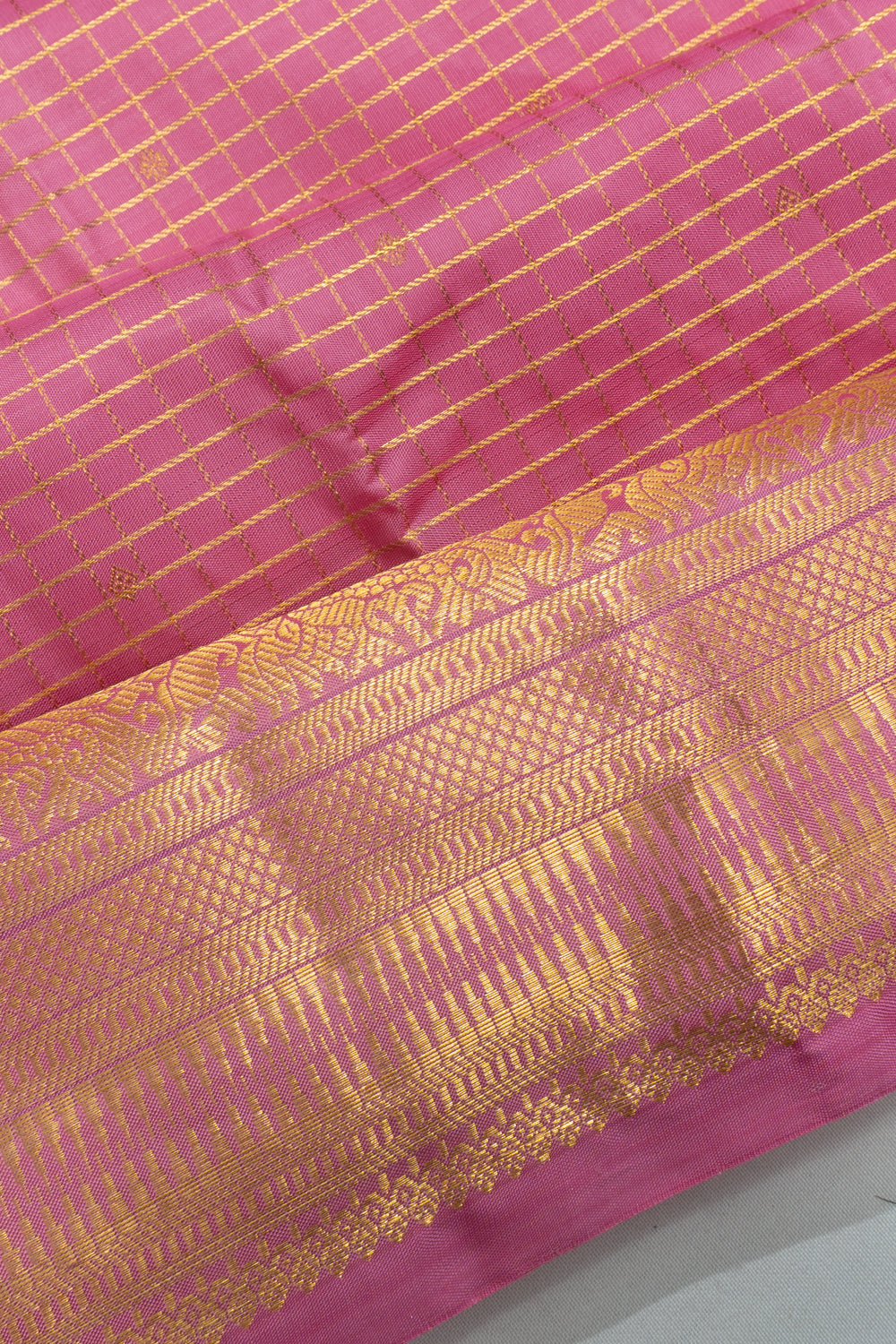 Kanchipuram Silk Checks And Butta Pink Saree