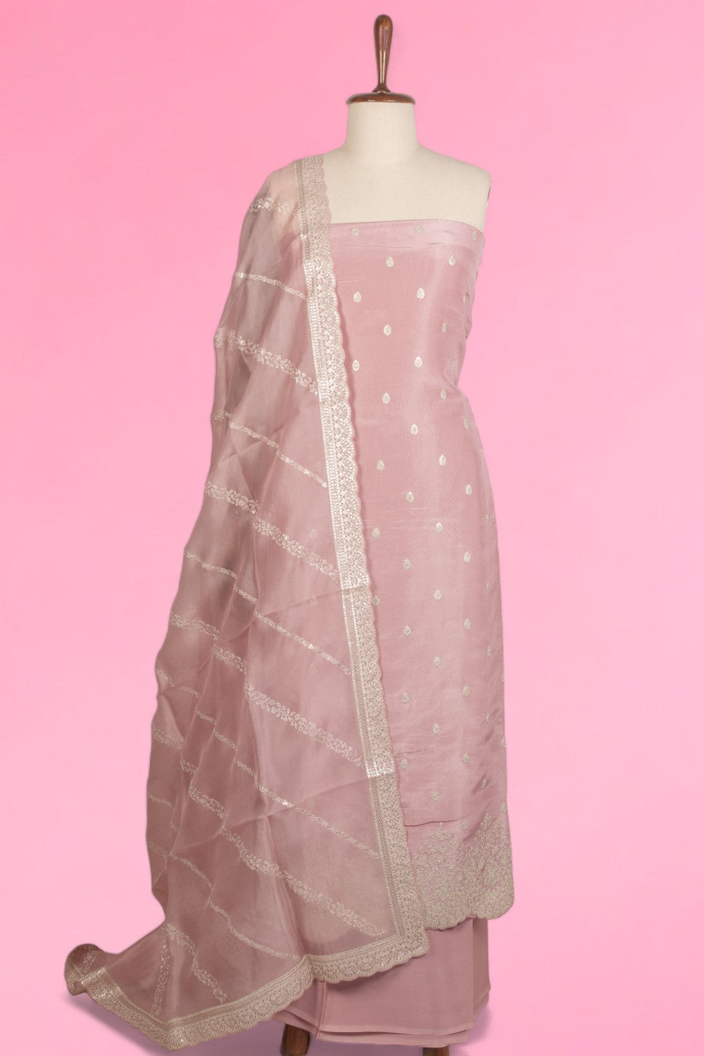 Soft Tussar Tissue Butta Pastel Pink Salwar Suit Set