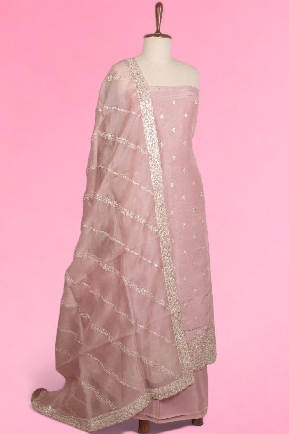 Soft Tussar Tissue Butta Pastel Pink Salwar Suit Set