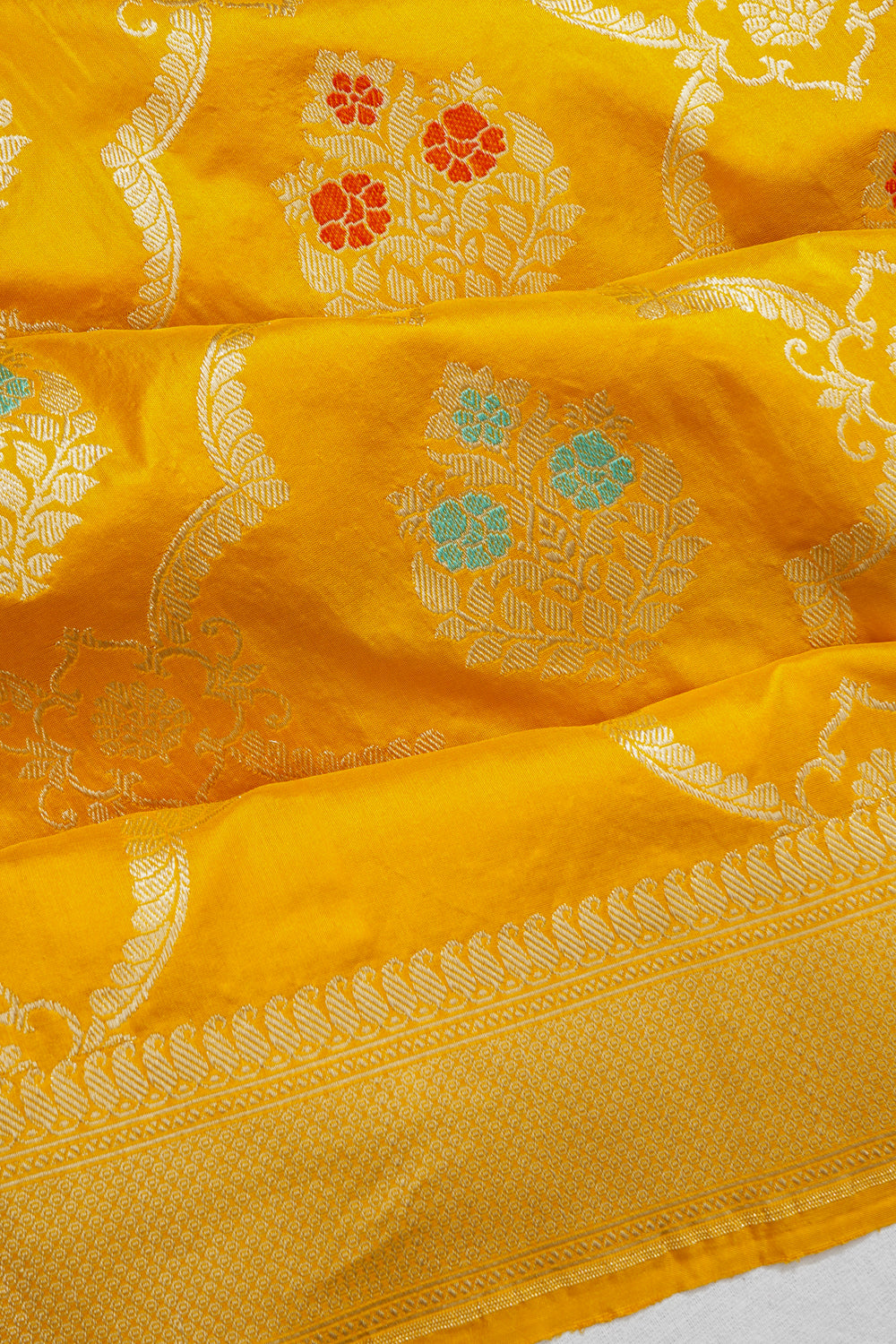 Banarasi Silk Kadwa Jaal And Butta Mustard Yellow Saree