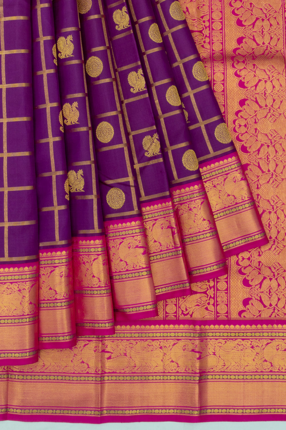 Kanchipuram Silk Checks And Butta Purple Saree