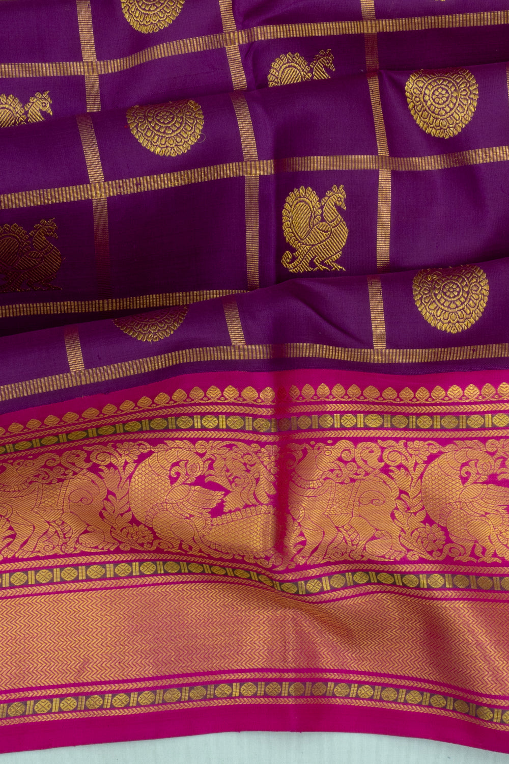 Kanchipuram Silk Checks And Butta Purple Saree