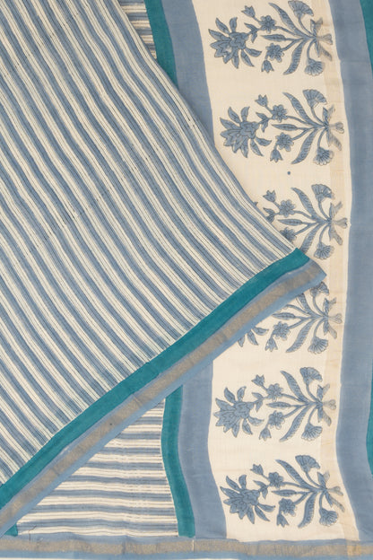 Chanderi Cotton Printed White And Blue Saree