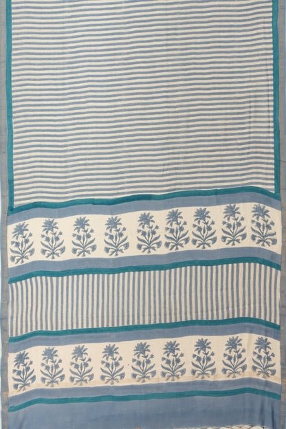 Chanderi Cotton Printed White And Blue Saree