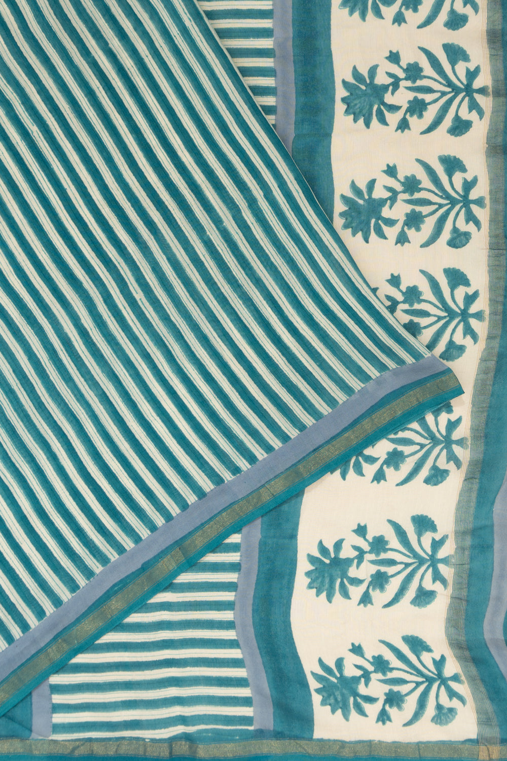 Chanderi Cotton Printed White And Teal Blue Saree