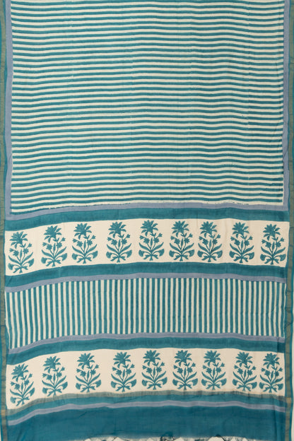 Chanderi Cotton Printed White And Teal Blue Saree
