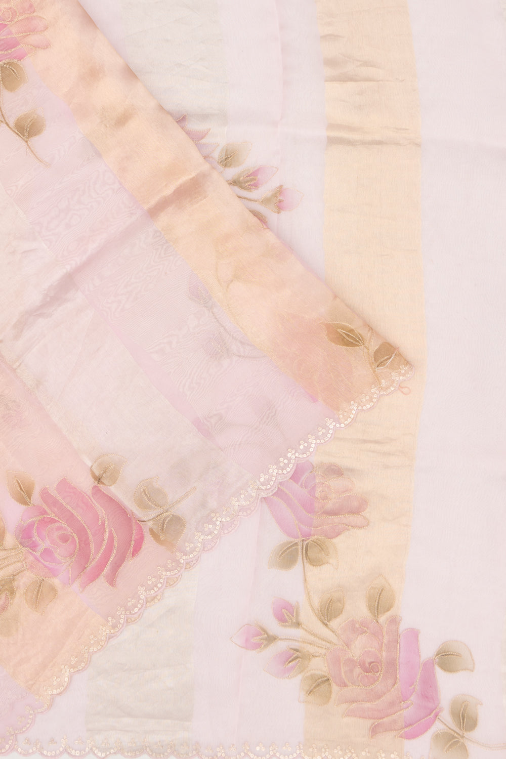 Organza Vertical Lines And Floral Printed Pastel Pink Saree