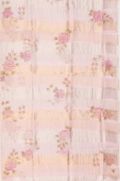 Organza Vertical Lines And Floral Printed Pastel Pink Saree