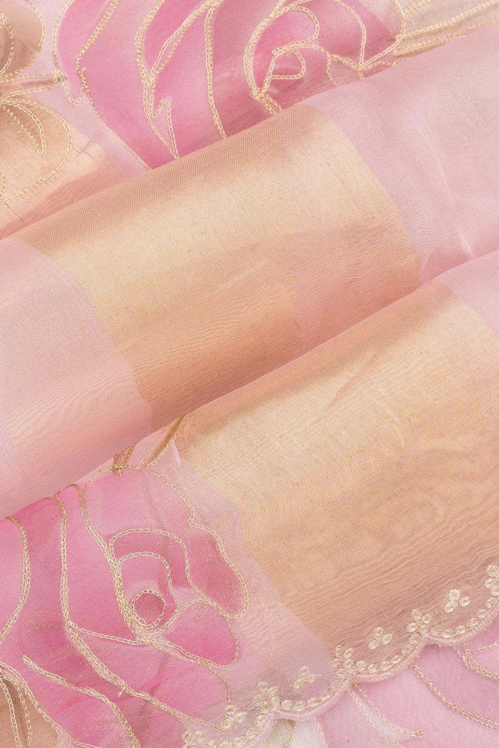 Organza Vertical Lines And Floral Printed Pastel Pink Saree