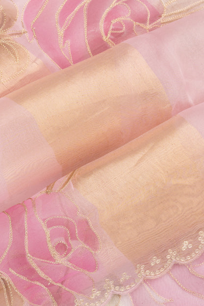 Organza Vertical Lines And Floral Printed Pastel Pink Saree
