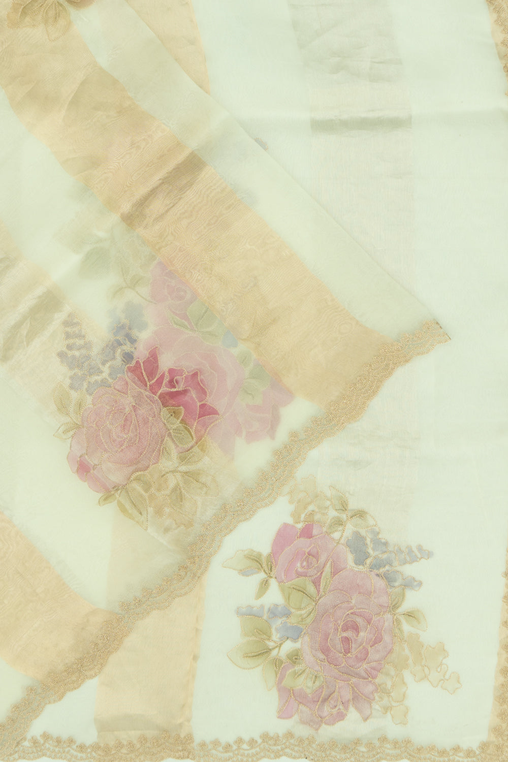 Organza Vertical Lines And Floral Printed White Saree