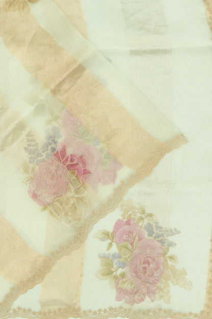 Organza Vertical Lines And Floral Printed White Saree