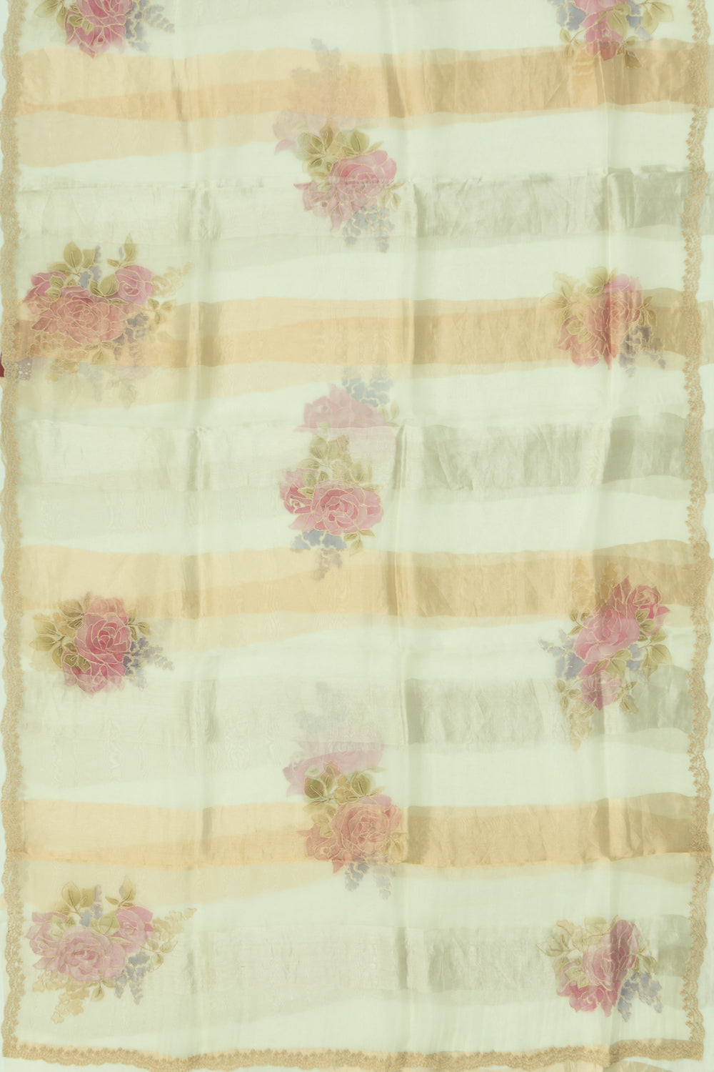 Organza Vertical Lines And Floral Printed White Saree