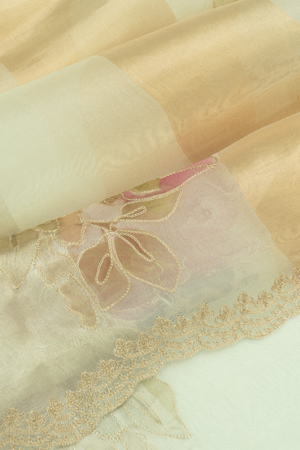 Organza Vertical Lines And Floral Printed White Saree