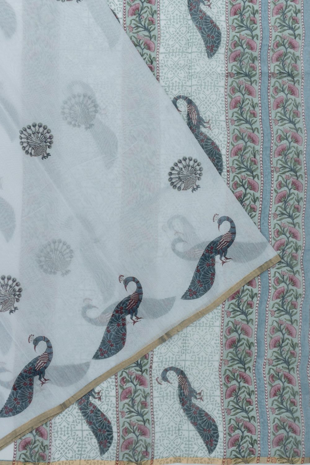 Chanderi Cotton Block Printed Pastel Grey Saree