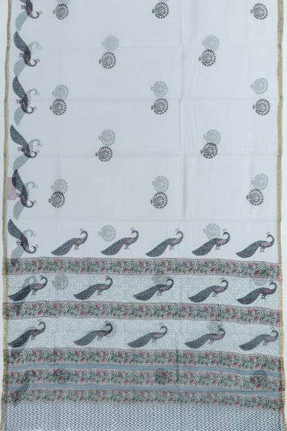 Chanderi Cotton Block Printed Pastel Grey Saree