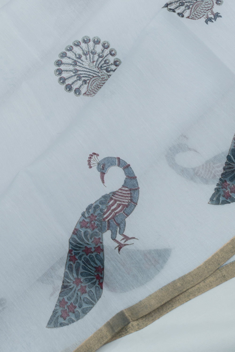 Chanderi Cotton Block Printed Pastel Grey Saree