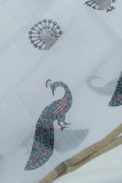 Chanderi Cotton Block Printed Pastel Grey Saree