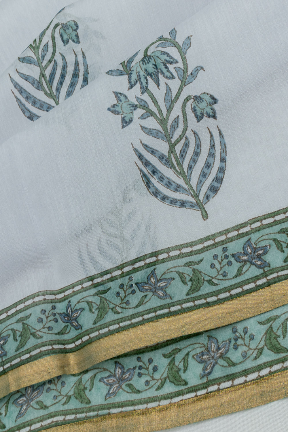 Chanderi Cotton Block Printed Pastel Grey Saree
