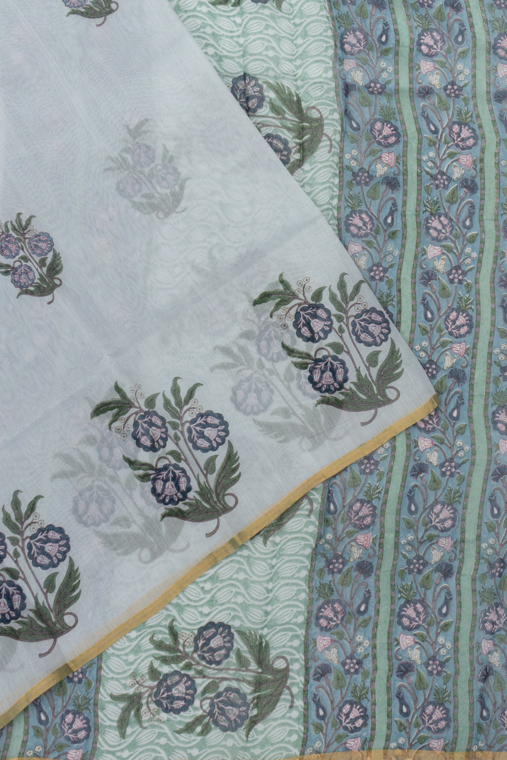 Chanderi Cotton Block Printed Pastel Grey Saree