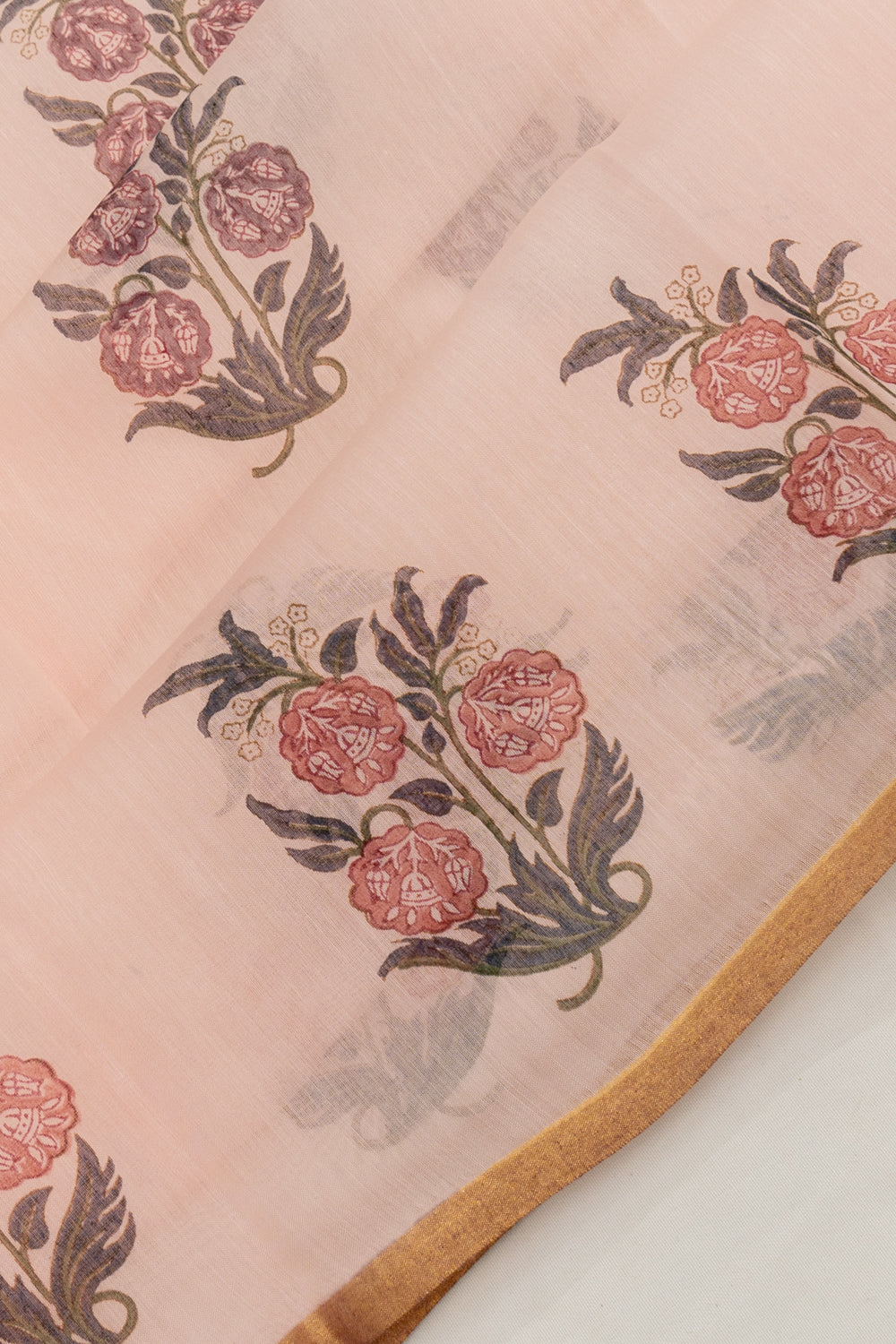 Chanderi Cotton Block Printed Pastel Orange Saree