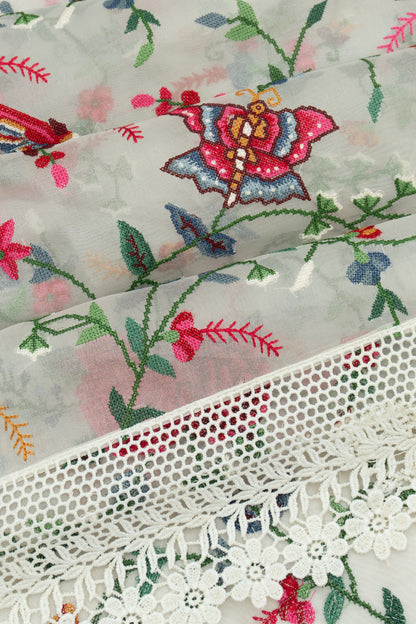 Banarasi Organza Embroidery White Saree With Cut Work Border With Gift Box And Rakhi