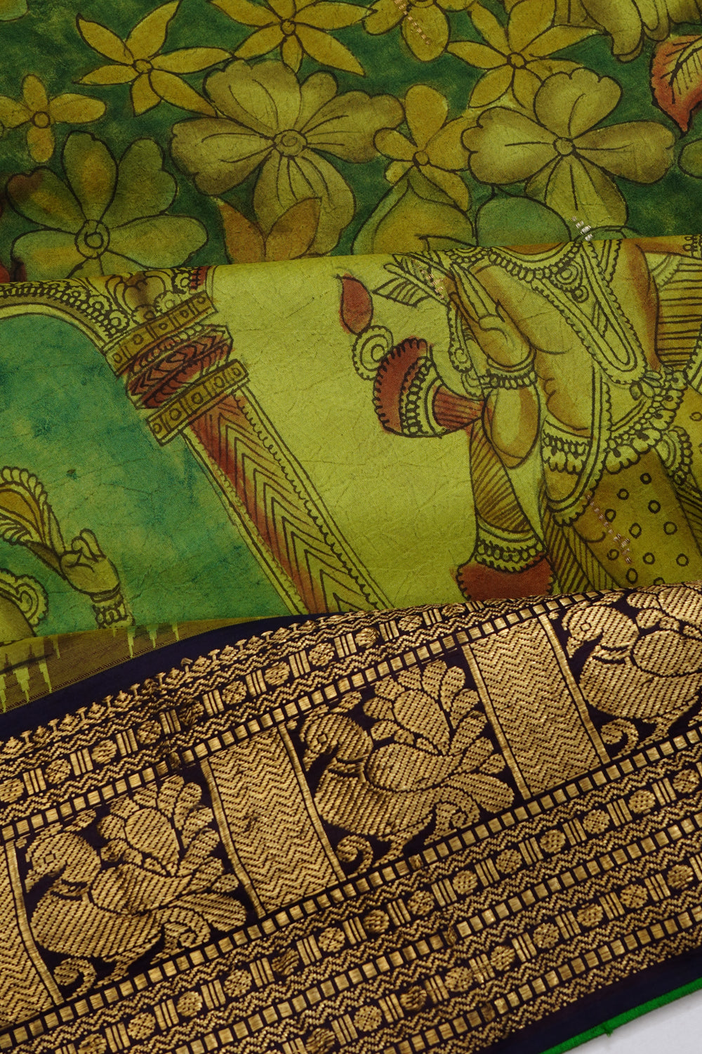 Kanchipuram Silk Handpainted Kalamkari Green Saree 1214524468