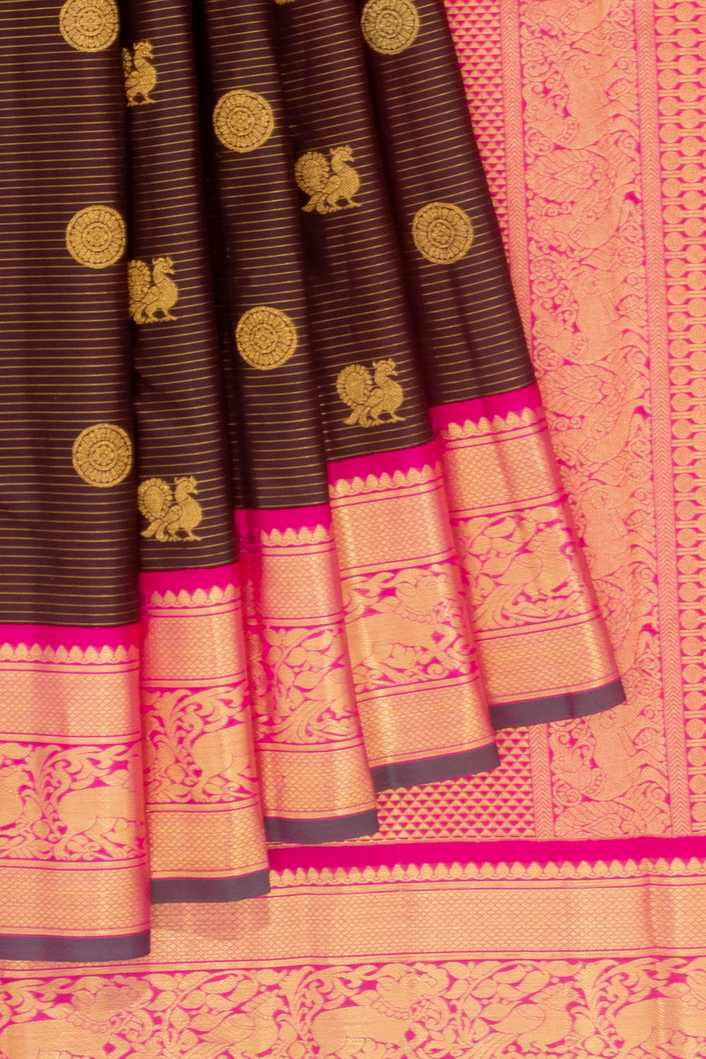Kanchipuram Silk Oosi Lines And Butta Chocolate Brown Saree