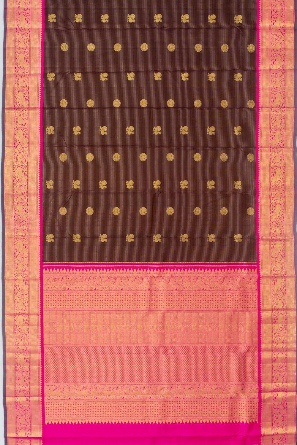Kanchipuram Silk Oosi Lines And Butta Chocolate Brown Saree