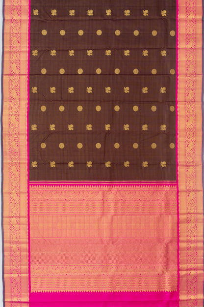 Kanchipuram Silk Oosi Lines And Butta Chocolate Brown Saree