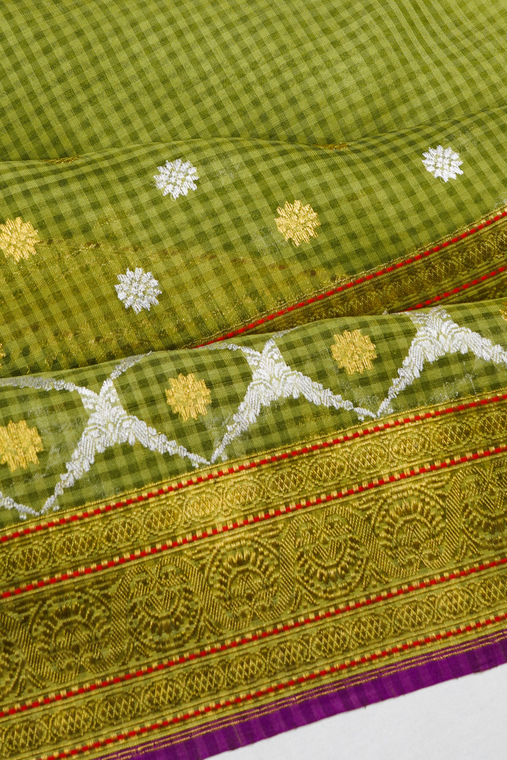Banarasi Kora Organza Checks Sage Green Saree