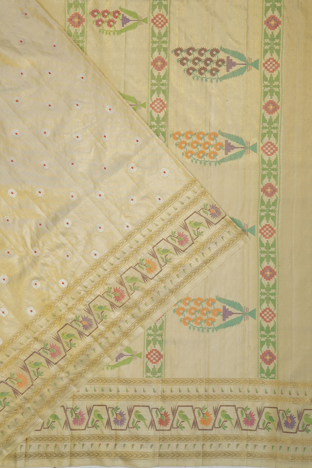 Kanchipuram Silk Tissue Butta Gold Saree With Paithani Inspi