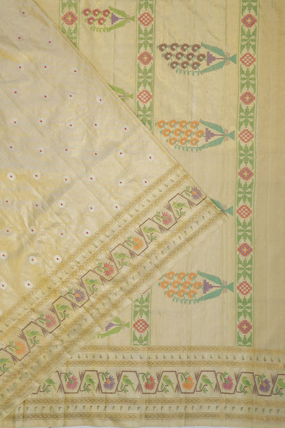 Kanchipuram Silk Tissue Butta Gold Saree With Paithani Inspi