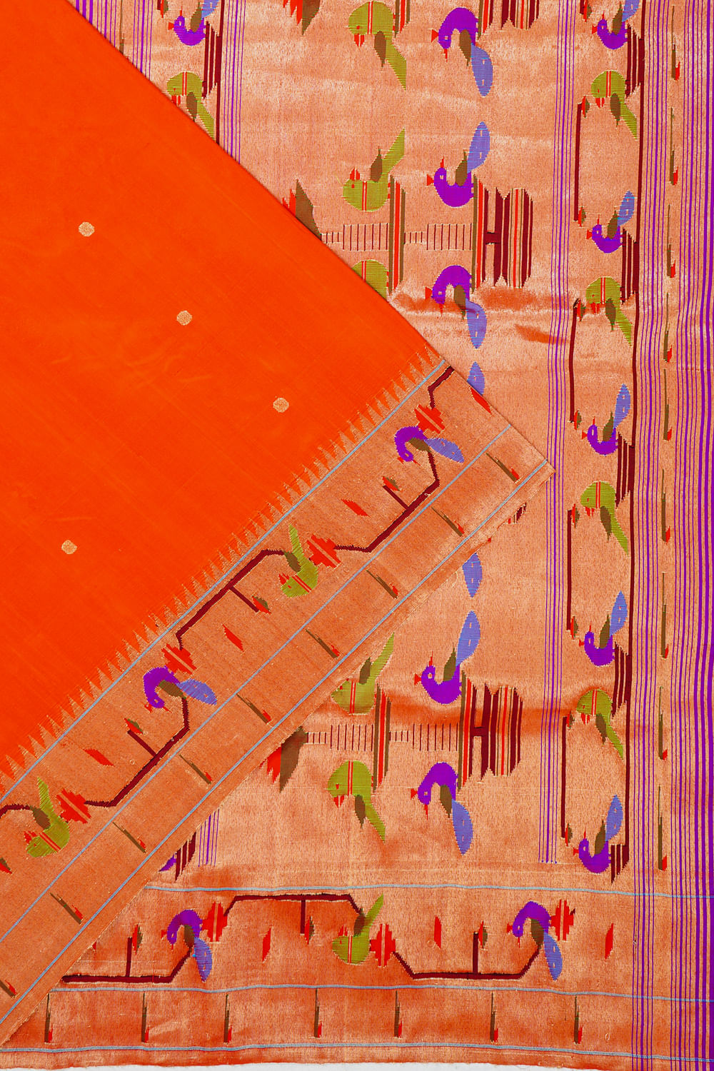 Paithani Silk Butta Orange Saree With Akruthi Border