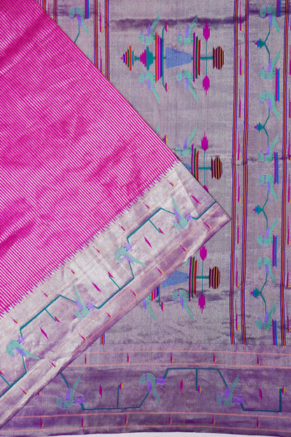 Paithani Silk Vertical Lines Rani Pink Saree With Akruthi Bo