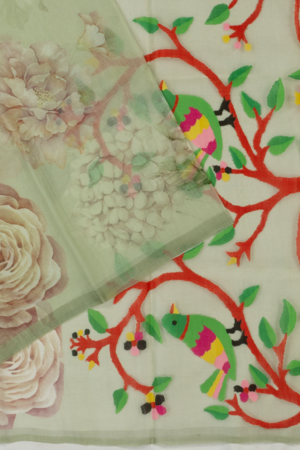 Organza Floral Printed Green Saree With Jamdani Pallu