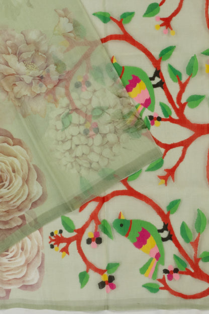 Organza Floral Printed Green Saree With Jamdani Pallu