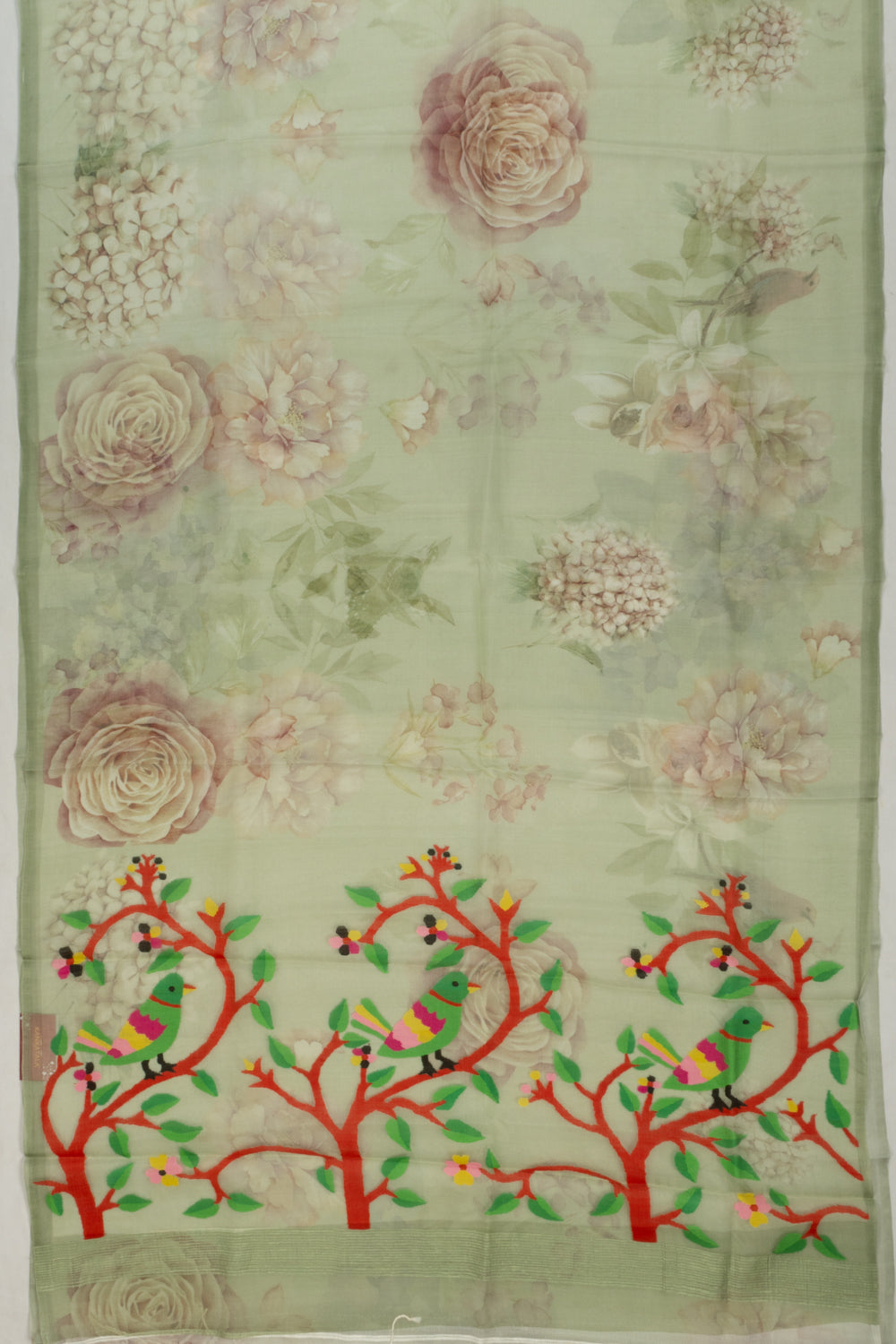 Organza Floral Printed Green Saree With Jamdani Pallu
