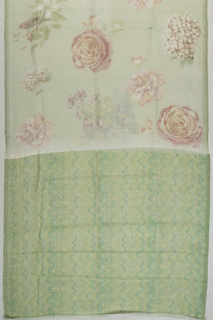 Organza Floral Printed Green Saree With Jamdani Pallu