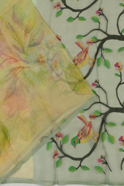 Organza Floral Printed Green Saree With Jamdani Pallu