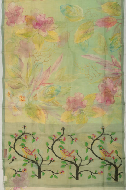 Organza Floral Printed Green Saree With Jamdani Pallu