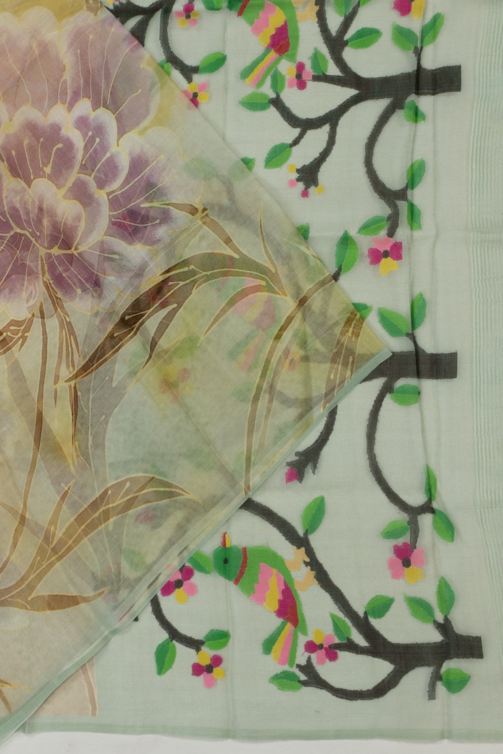 Organza Floral Printed Green Saree With Jamdani Pallu