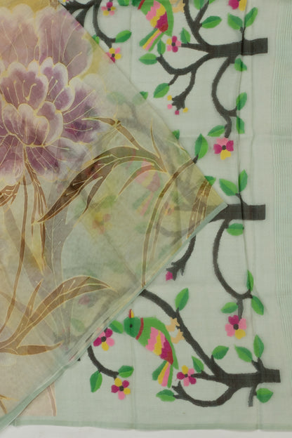 Organza Floral Printed Green Saree With Jamdani Pallu