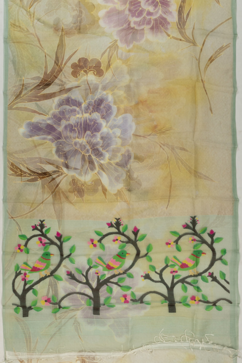 Organza Floral Printed Green Saree With Jamdani Pallu