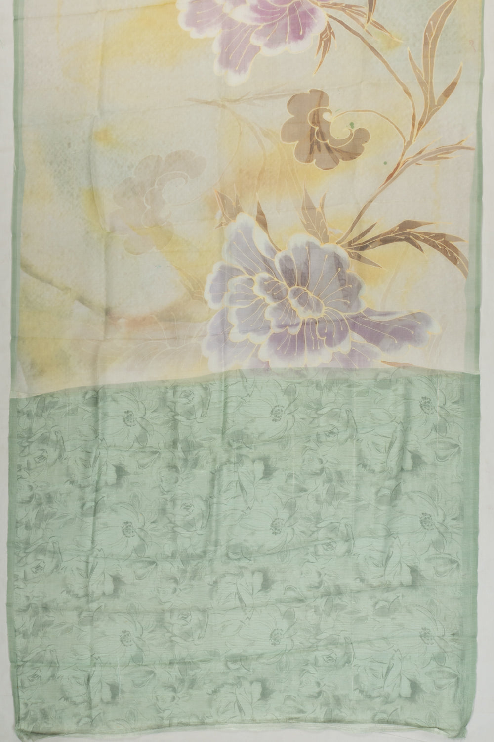 Organza Floral Printed Green Saree With Jamdani Pallu