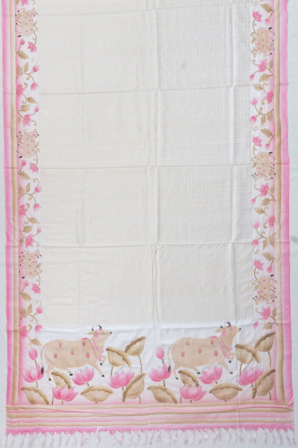 Kanchipuram Silk Checks And Butta White Saree With Pichwai Printed Border And Pallu