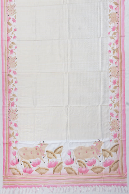 Kanchipuram Silk Checks And Butta White Saree With Pichwai Printed Border And Pallu