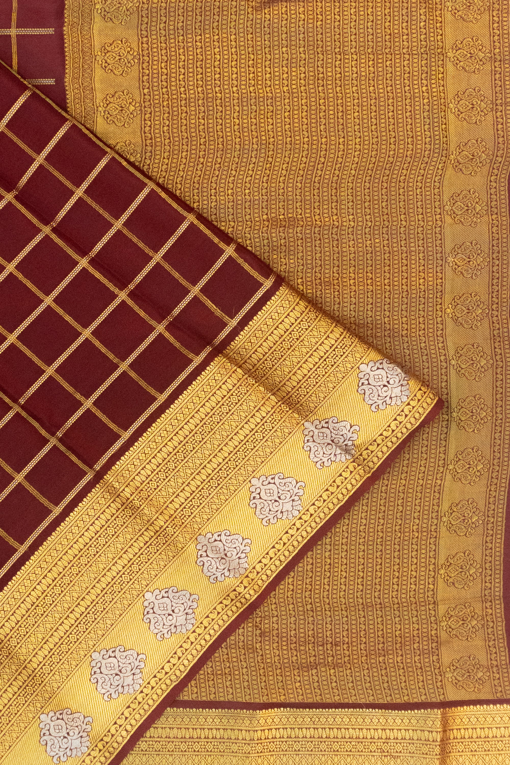 Pure Binny Silk Checks Brown Saree