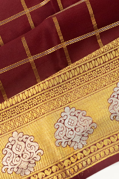 Pure Binny Silk Checks Brown Saree