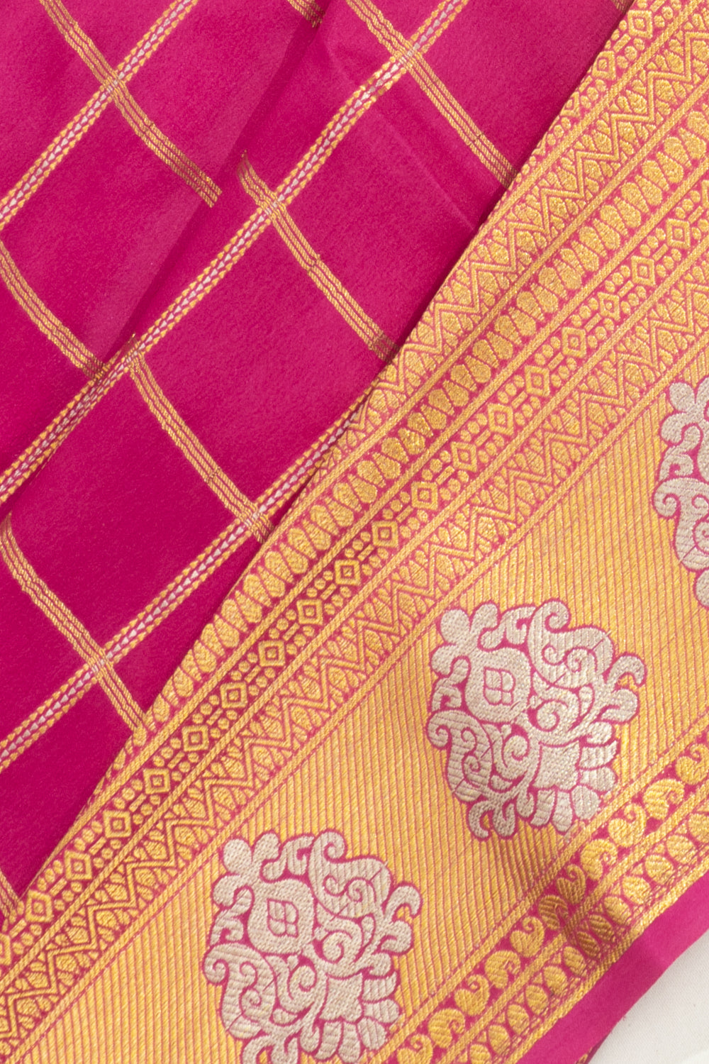 Pure Binny Silk Checks Rani Pink Saree
